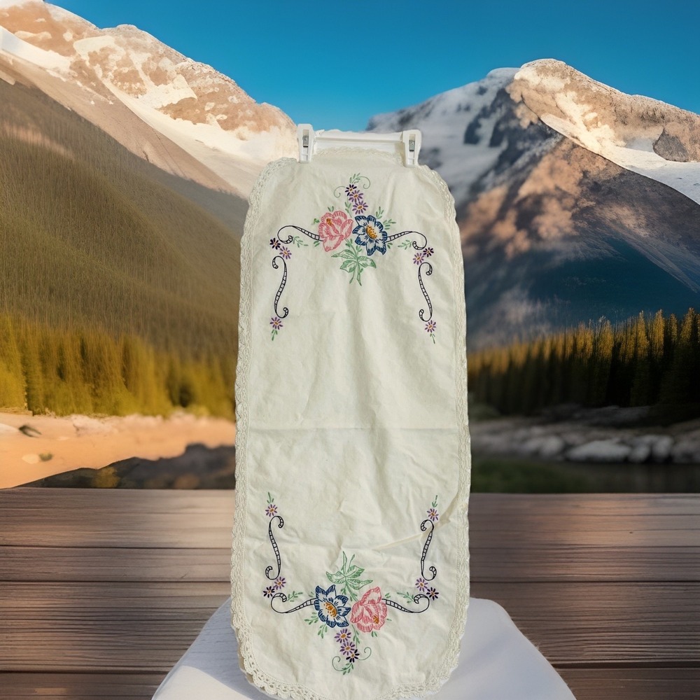 Hand‎ Embroidered Floral Cotton Table Runner Crochet Edge White Multicolor Decor